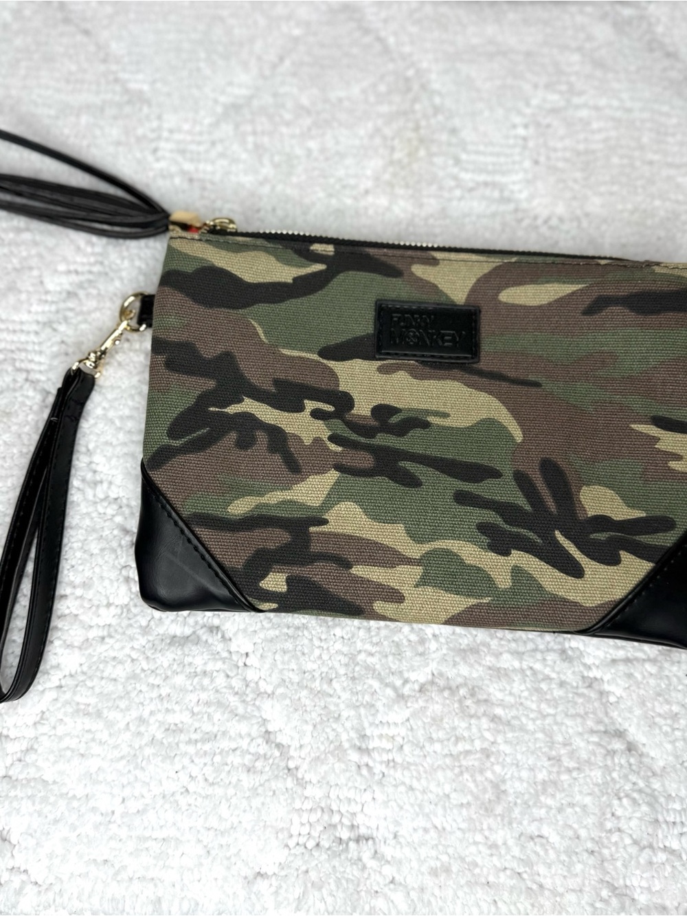 Funky Monkey Camo Wristlet Clutch Black Tassel Gold Hardware